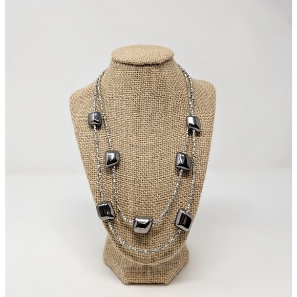 Chico's Necklace Gunmetal Silver Double Strand Beaded Statement - Picture 1 of 6